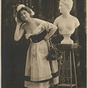 French maid dusting a bust (b / w photo)