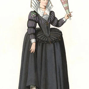 French woman under the reign of King Henry III (1551-1589) - Lithography based on an illustration by Edmond Lechevallier-Chevignard (1825-1902), from "Costumes historiques des 16th, 17th and 18th century"by Georges Duplessis (1834-1899)