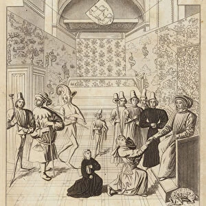 Froissart presenting his letters from Guy Court de Blois, to Gaston Phoebus Count de Foix in his Palace of Orthez (engraving)