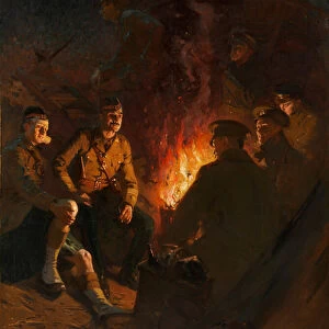Somewhere at the front, soldiers around a camp fire at night, Western Front, 1915 circa (oil on canvas)