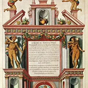 Frontispiece of Americae Tertia Pars 1592 (coloured engraving)