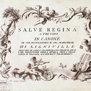Frontispiece of a musical score of Salve regina hymn for three voices by marquis of