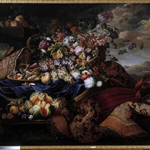 Fruit basket, flowers and lute on carpet. Painting by Maximilian Pfeiler (1481-1536). Mandatory mention: Collection fondation regards de provence, Marseille (cm 145x196, 5)