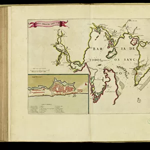 Geography map: view of the bay of C (Sao Salvador da Bahia de Todos os Santos) from an Atlas (probably by Willem Janszoon Blaeu, 1571-1638) 17th century, Biblioteca Angelica, Rome