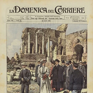 The German imperial family in Italy, the Sovereigns visit with their children the ruins of the Greek theater in Taormina (colour litho)