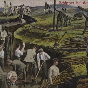 German infantry digging trenches, First World War (coloured photo)