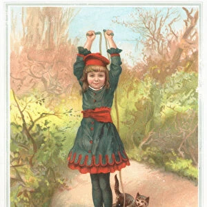 Girl playing with skipping rope and cat, New Year Card (chromolitho)