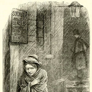 Girl alone in the rain on the streets (engraving)