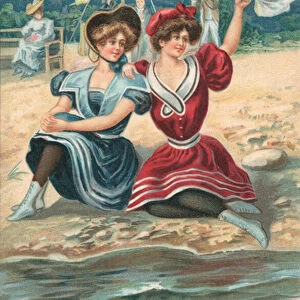 Two girls sitting on a beach (chromolitho)