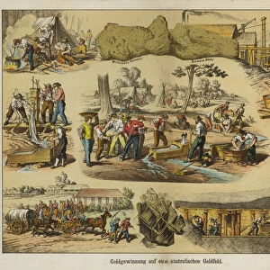 Gold mining in the goldfields of Australia (colour litho)