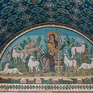 Good pastor. Mosaic of the bezel above the entrance door of the Mausolee of Galla