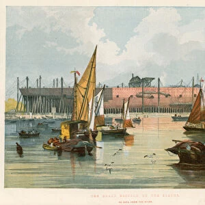 The Great Eastern on the stocks, as seen from the River Thames (coloured engraving)