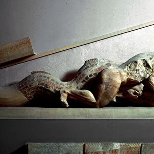 Greek Art: "Hercules Fighting with Triton"Detail of a sculpture of the pediment of the Temple of Athena that illustrated the fights of Heracles (Hercules). 580-570 BC. Athens, Acropolis Museum -- Greek Art