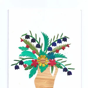 A greeting card of a jug of flowers made out of wood veneers, circa 1970