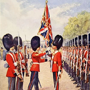 The Grenadier Guards saluting the Colours before going on guard for the day (colour litho)