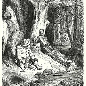 Gustave Dores Don Quixote: "A clear fountain, which Don Quixote and Sancho found among some verdant trees, served to refresh them"(engraving)