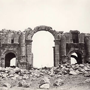 Hadrians Arch at the entrance to Jerash, 1867 (b / w photo)