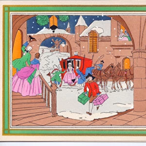 A hand-coloured French Pochoir Christmas card of a guest alighting from her carriage