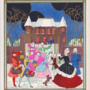 A hand-coloured French Pochoir Christmas Card of party guests outside a chateau