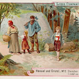 Hansel and Gretel: Hansel leaving a trail of pebbles to find the way home (chromolitho)