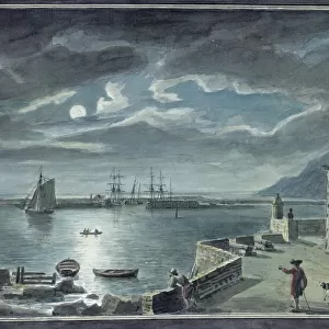 The Harbour and the Cobb, Lyme Regis, Dorset, by Moonlight (w / c on paper)