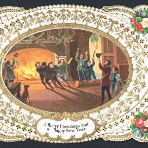 Hauling Logs for the fire, Christmas Card (chromolitho)
