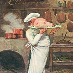 Two heads are better than one: chef carrying a pigs head on a platter (colour litho)