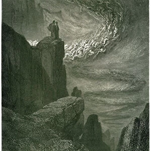 The Hell of Dante Alighieri (the Divine Comedie) illustrated by Gustave Dore. French edition of 1861. "La bufera infernal, che mai non resta/Mena gli spirti con la sua rapina