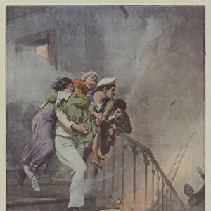 The heroism of a Milanese gunner saves an old woman and two children and is seized by asphyxiation (Colour Litho)