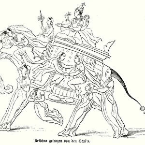 The Hindu god Krishna carried by the Gopis (engraving)