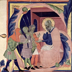 Historiated initials depicting Job receiving messengers with bad news (vellum)