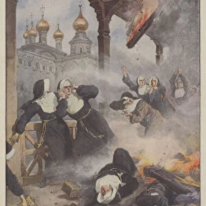 A historic burning convent in Podolia (European Russia), five Catholic nuns perished in the flames (colour litho)