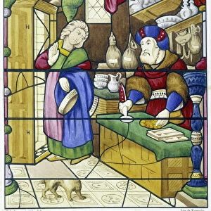 History of the Jew on Rue des Billettes - facsimile of a stained glass, St Alpin Church in Chalon, 16th century