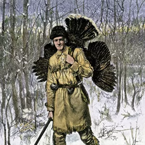 History of the settlers and the conquete of the West: American pioneers. Hunter with a suede skin wearing a turkey in the woods in winter. Colourful engraving from an illustration by A.B. Frost