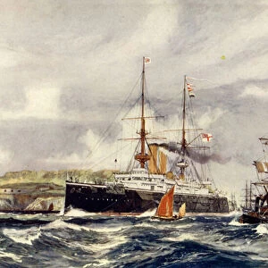 HMS "Formidable"in Plymouth Sound (colour litho)