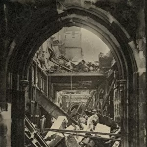 The Houses of Parliament, London, showing bomb damage during WW2 (b / w photo)