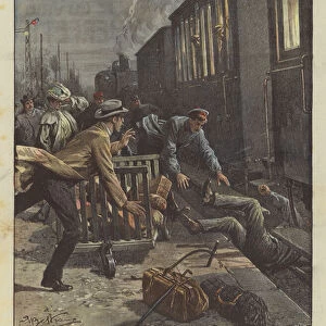 Humble heroes, a railway worker at the station of Marano (Venice) rescues a comrade who has fallen in the wheels... (colour litho)