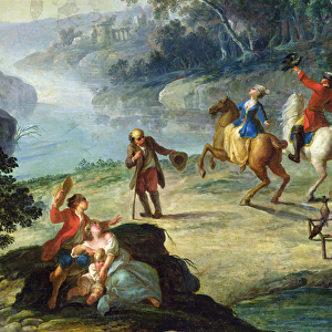 A Hunt with Falcons, detail of a rider and a falconer (oil on canvas)
