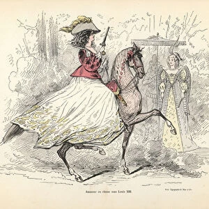 Hunting costume for a woman, era of King Louis XIII of France, 1850 (engraving)
