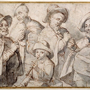 Four hurdy-gurdy players and a boy with a pipe, School of Lorraine