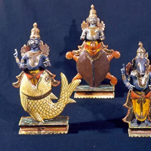 Four of the incarnations of Vishnu (painted wood)