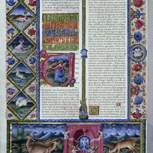 Incipit of the book of Jeremiah depicting the prophet in a lettrine, from the Bible of Borso d'Este (1413-1471) (Vol. I, C. 112 r), 1455-61 (miniature)
