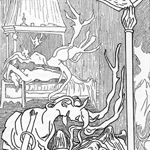 Incubes (angels dechus by lust, become demons and seek to enjoy women when they dream or sleepy) and succubes (feminine demons enjoying men during their sleep) (incubus and succubus) Drawing by Henry de Malvost from "Satanism and Magic"
