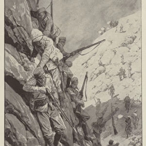 The Indian Frontier Rising, Gurkhas descending a Pass in the Upper Mohmand Country under Fire (litho)