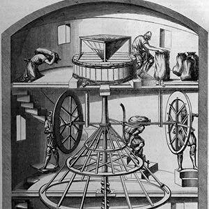 Inner view of a 16th century mill;Engraving by Androue du Cerceau in "