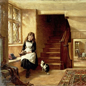 An Interior with a Girl Playing with Cats (oil on canvas)