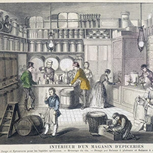 Interior of a grocery store - engraving, 19th century