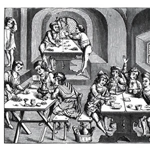 Interior of a hostelry, after a woodcut in a folio edition of Virgil, published Lyons