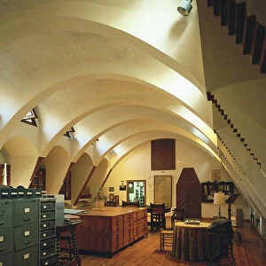 The interior of the old stable with parabolic arches - Palace Guell (1886-1891), Barcelona - GAUDI i CORNET, Antoni (1852-1926). Gueell Estate. SPAIN. Barcelona. Gueell Estate