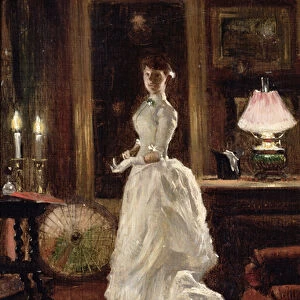 Interior scene with a lady in a white evening dress